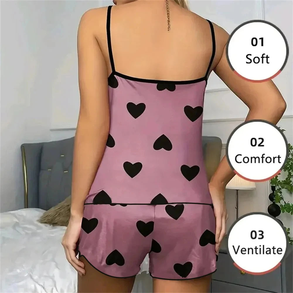 Women's Heart Print Pajama Set with Round Neck Top and Shorts, Polyester Summer Sleepwear for Relaxing at Home in Purple or Blue, Sizes M to XL