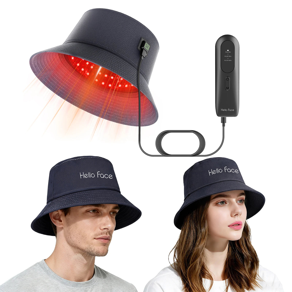 LED Scalp Care Bucket Hat Hello Face T100 with 336 Red and Near-Infrared LEDs, Three Light Modes and Separate With-Controller or Hat-Only Set Options