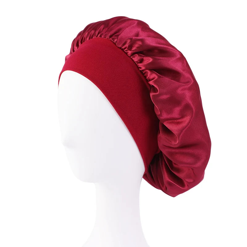 Wide Band Satin Sleep Bonnet with Listed Elastic Hair Wrap Design, Polyester Material Reference and Twenty-Eight Color Labels for Adult Nighttime Hair Styling
