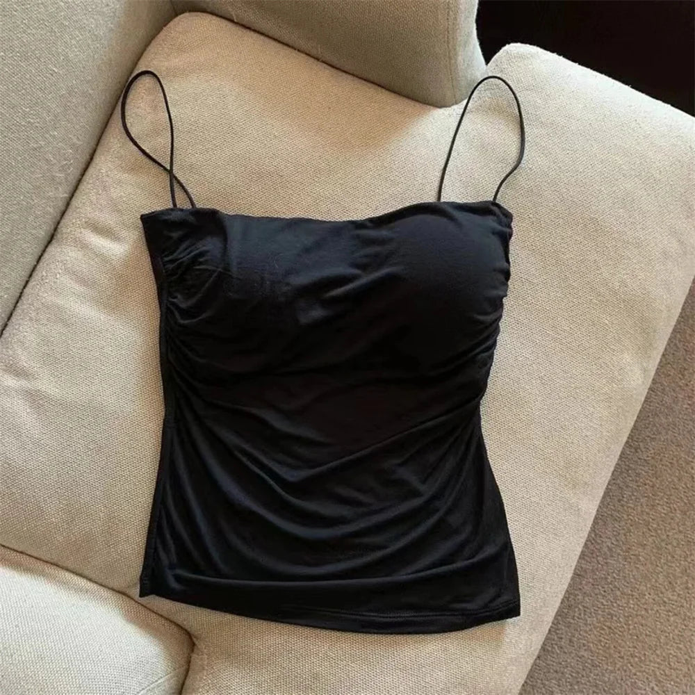 Women's Fixed Pad Crop Top with Thin Straps, Sleeveless Polyester Casual Tank in Red, Black, White or Grey, One Size for Layering and Going-Out Outfits