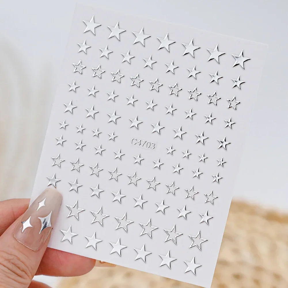 Silver Star Nail Stickers, 6 Sheets of Metallic 3D Self-Adhesive Chain and Heart Nail Art Decals for DIY Manicures, Party Looks and Salon Decoration