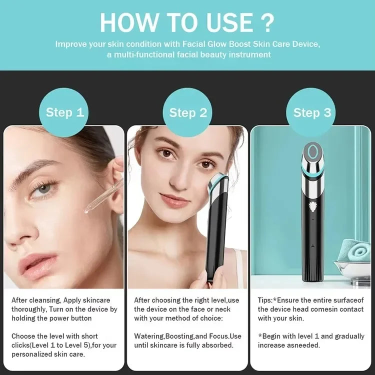 Touch-Activated Facial Care Wand with Rotating T-Bar Head, Black Rechargeable Beauty Tool with Listed Red Light, Warmth, Vibration and Microcurrent Functions