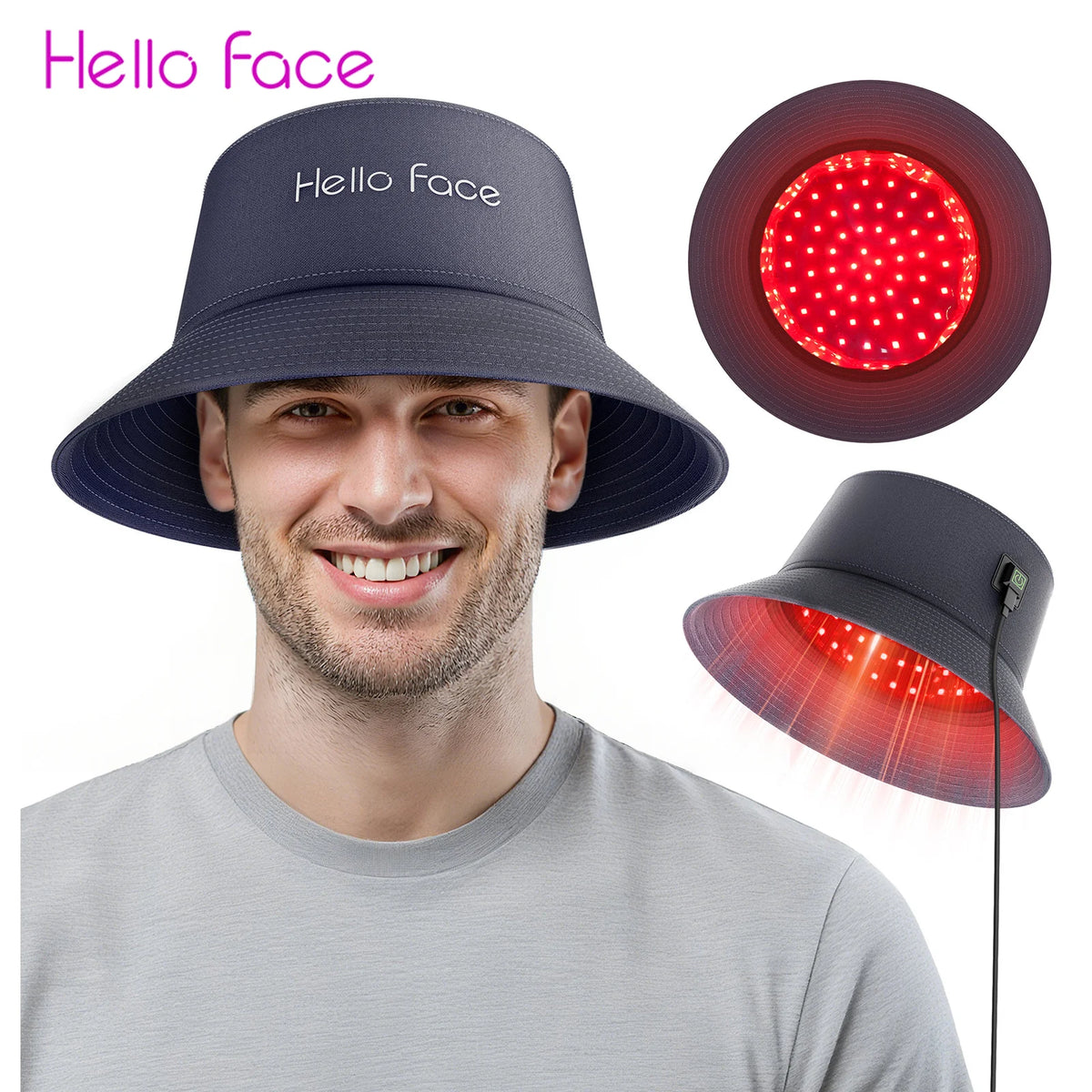 LED Scalp Care Bucket Hat Hello Face T100 with 336 Red and Near-Infrared LEDs, Three Light Modes and Separate With-Controller or Hat-Only Set Options
