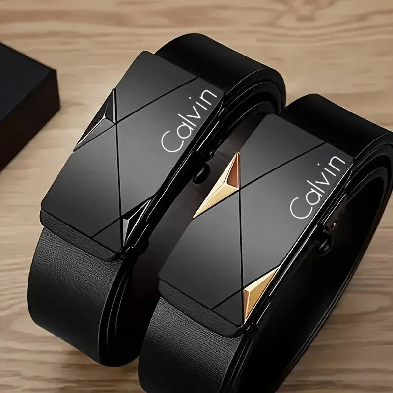 Men's PU Leather Belt with Automatic Buckle, 110cm, 120cm or 130cm Fashion Accessory in CWY Gold, Gun or Silver Styles for Work, Business and Casual Outfits