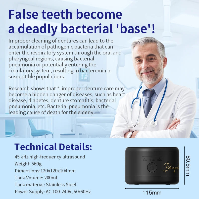 Dental Appliance Cleaner with USB Power Supply, Black Cleaning Machine for Compatible Removable Dentures, Orthodontic Appliances and Selected Jewelry