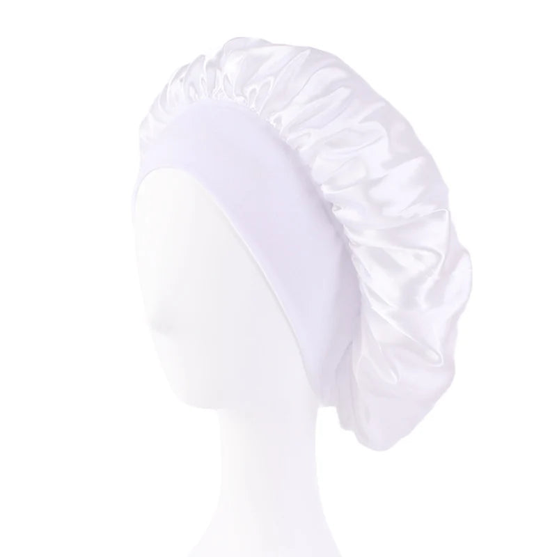 Wide Band Satin Sleep Bonnet with Listed Elastic Hair Wrap Design, Polyester Material Reference and Twenty-Eight Color Labels for Adult Nighttime Hair Styling