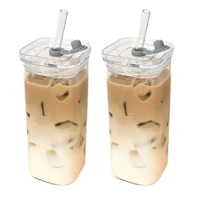400ml Glass Coffee Cup with Listed Lid and Straw, Transparent Borosilicate Drinkware for Iced Coffee, Milk Tea and Juice with Square Cup and Bamboo Lid Options