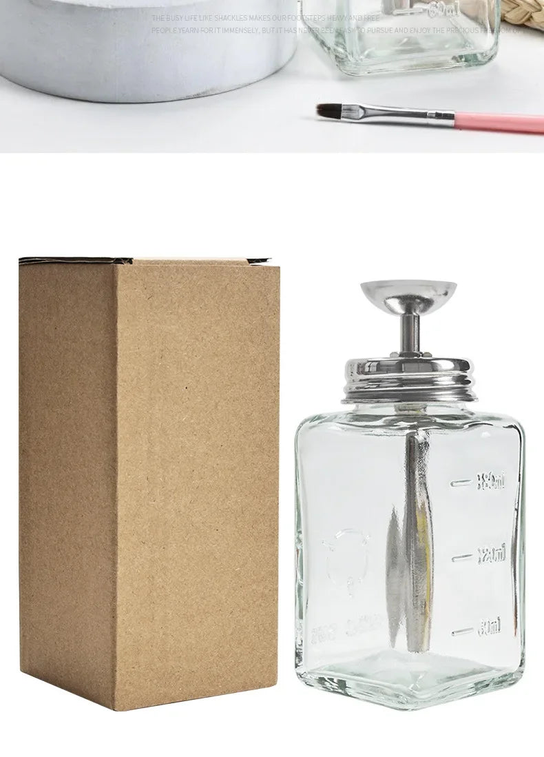 Glass Nail Liquid Pump Bottle 180ml, Empty Press-Top Dispenser for Compatible Manicure Cleansing Liquids and Nail Polish Remover at Home or Salon Stations