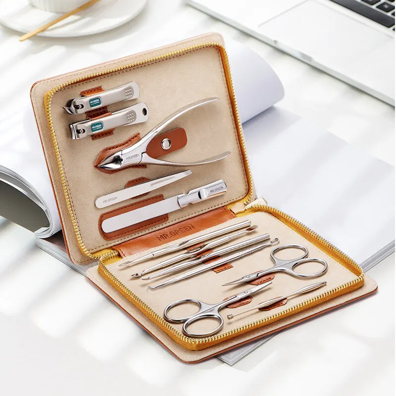 Manicure and Pedicure Kit MR.GREEN Mr-6012 with 12 Listed Stainless Steel Accessories and Portable Leather Case for Adult Home Grooming and Travel