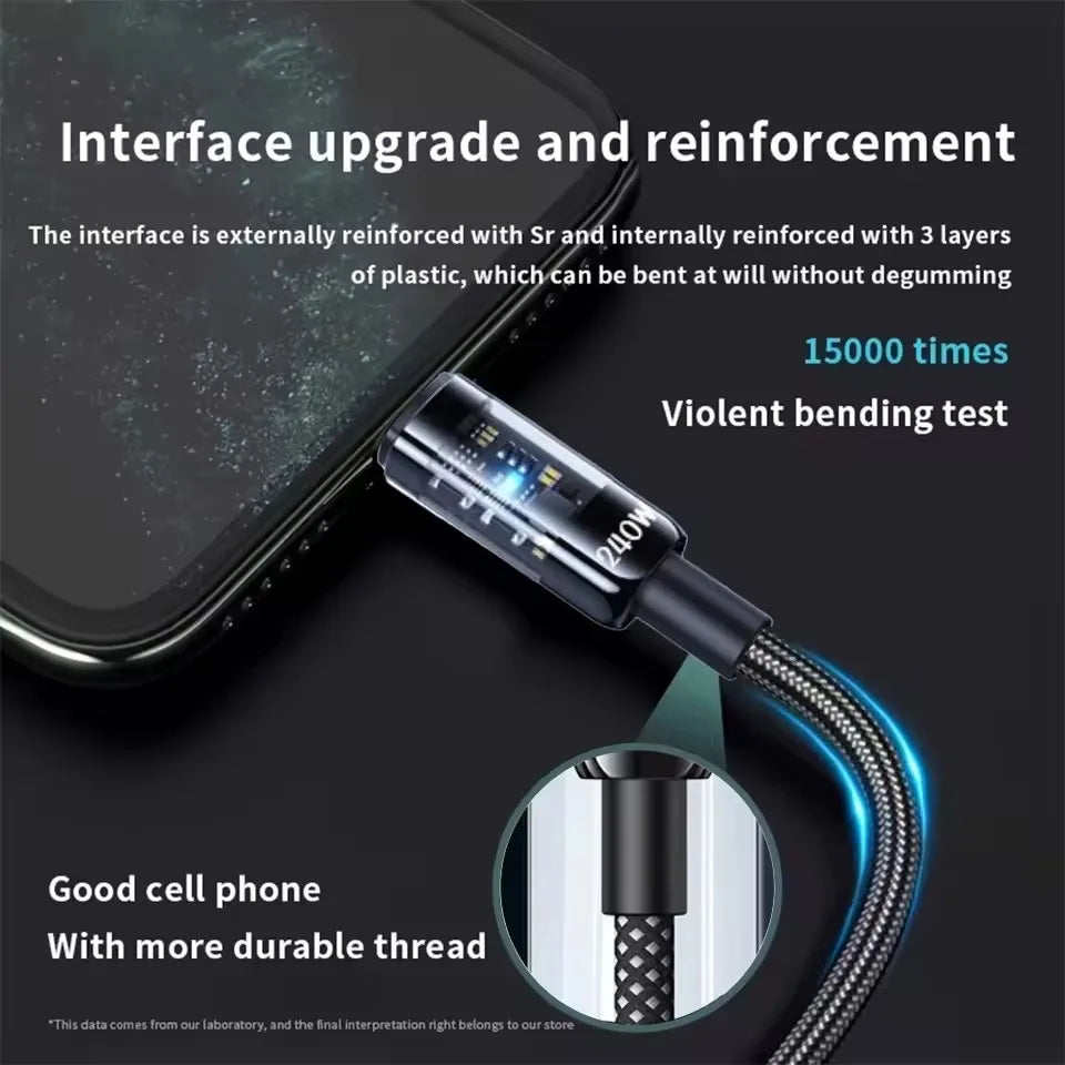 LED Display USB-C Charging Cable with Nylon Exterior, Dual Type C or USB Type C Options in 0.25m to 2m Lengths for Compatible Devices, Listed 240W Reference