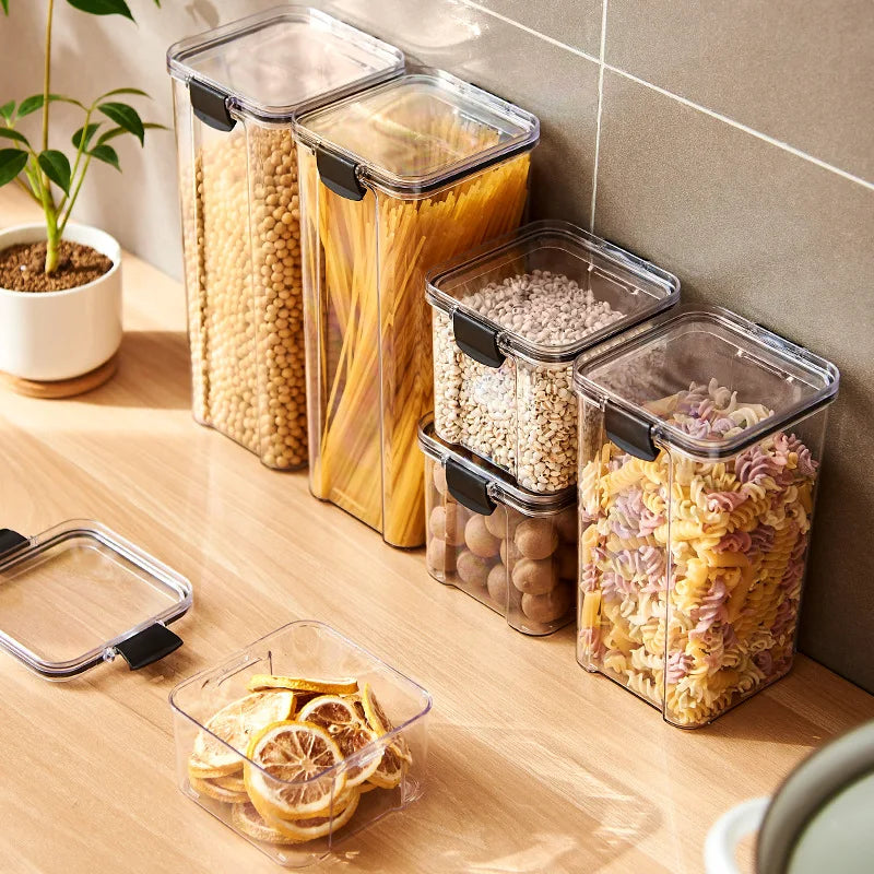 Clear Pantry Storage Jars with White or Black Covers, Five Capacity Options from 460ml to 1800ml and Single-Size Packs or Mixed Five-Size Kitchen Sets
