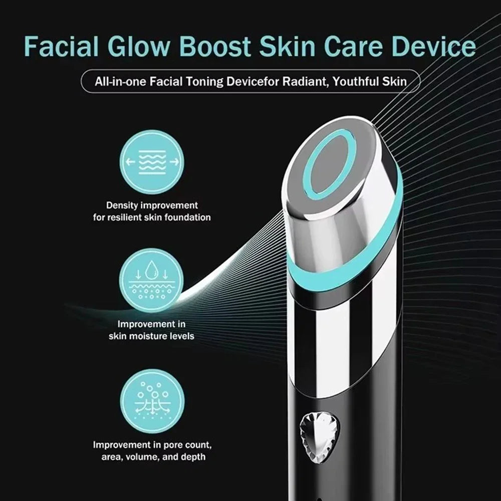 Touch-Activated Facial Care Wand with Rotating T-Bar Head, Black Rechargeable Beauty Tool with Listed Red Light, Warmth, Vibration and Microcurrent Functions
