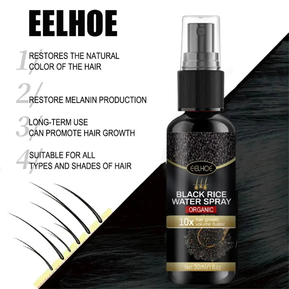Gray Hair Care Serum with Black Spray and Cosmetic Coverage References, Single or Promotional Purchase Labels for Women and Men Grooming Routines