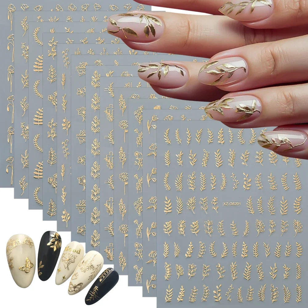 Gold Leaf Nail Stickers, 12-Piece Metallic 3D Floral Self-Adhesive Nail Art Decal Set for Botanical DIY Manicures, Party Styling and Salon Decoration