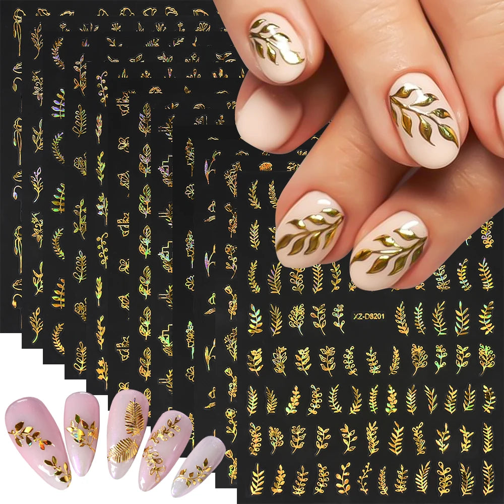 Gold Leaf Nail Stickers, 12-Piece Metallic 3D Floral Self-Adhesive Nail Art Decal Set for Botanical DIY Manicures, Party Styling and Salon Decoration