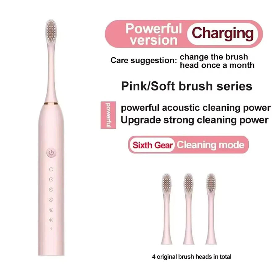 USB Rechargeable Electric Toothbrush for Adults, X3 Six-Mode Soft Bristle Brush with Two-Minute Cycle, 30-Second Reminders and Four-Head Option Labels
