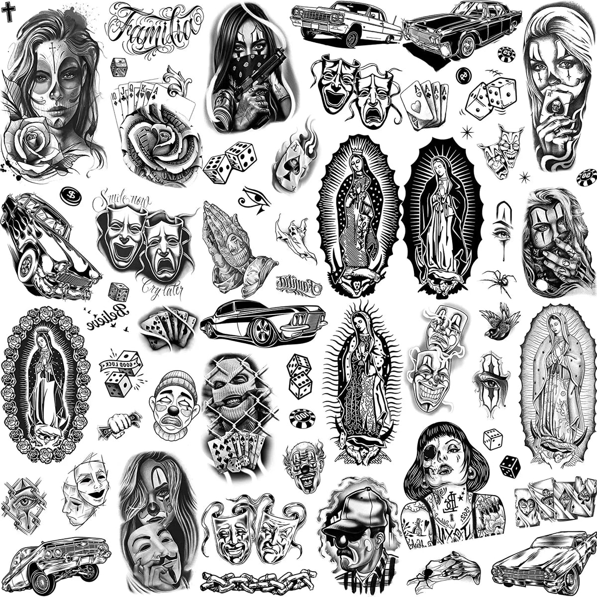 Chicano Temporary Tattoos, 6 Sheets of Chicana and Guadalupe Inspired Body Art for Adult Men and Women, Halloween and Day of the Dead Styling