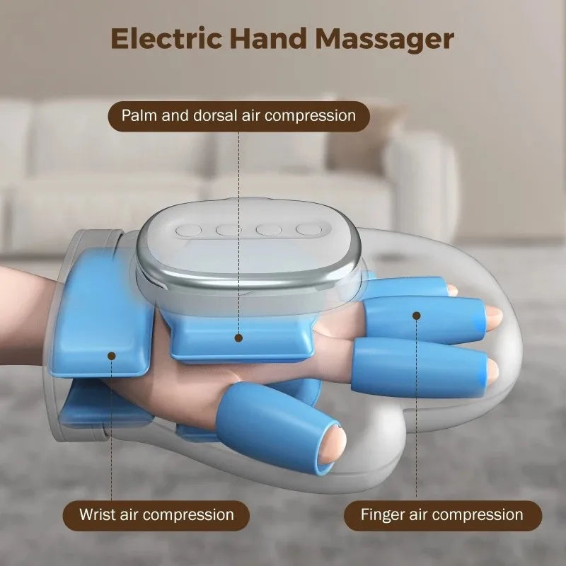 Heated Finger and Palm Massager in Gray with 13 TPU Airbags, Three Modes, Five Intensity Levels, 2000mAh Battery and Type-C Charging for Adult Relaxation