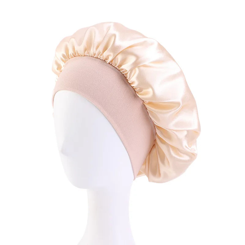 Wide Band Satin Sleep Bonnet with Listed Elastic Hair Wrap Design, Polyester Material Reference and Twenty-Eight Color Labels for Adult Nighttime Hair Styling