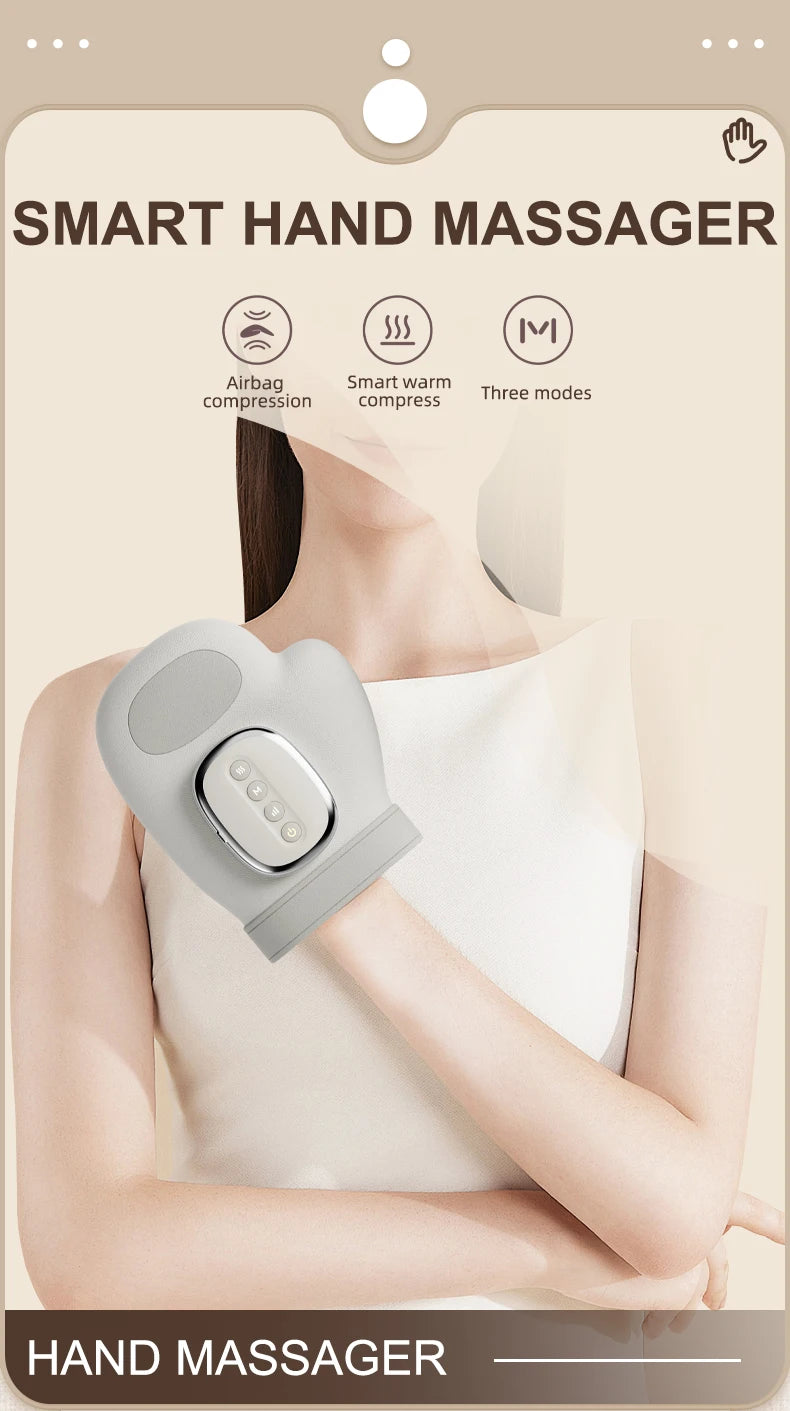 Heated Finger and Palm Massager in Gray with 13 TPU Airbags, Three Modes, Five Intensity Levels, 2000mAh Battery and Type-C Charging for Adult Relaxation