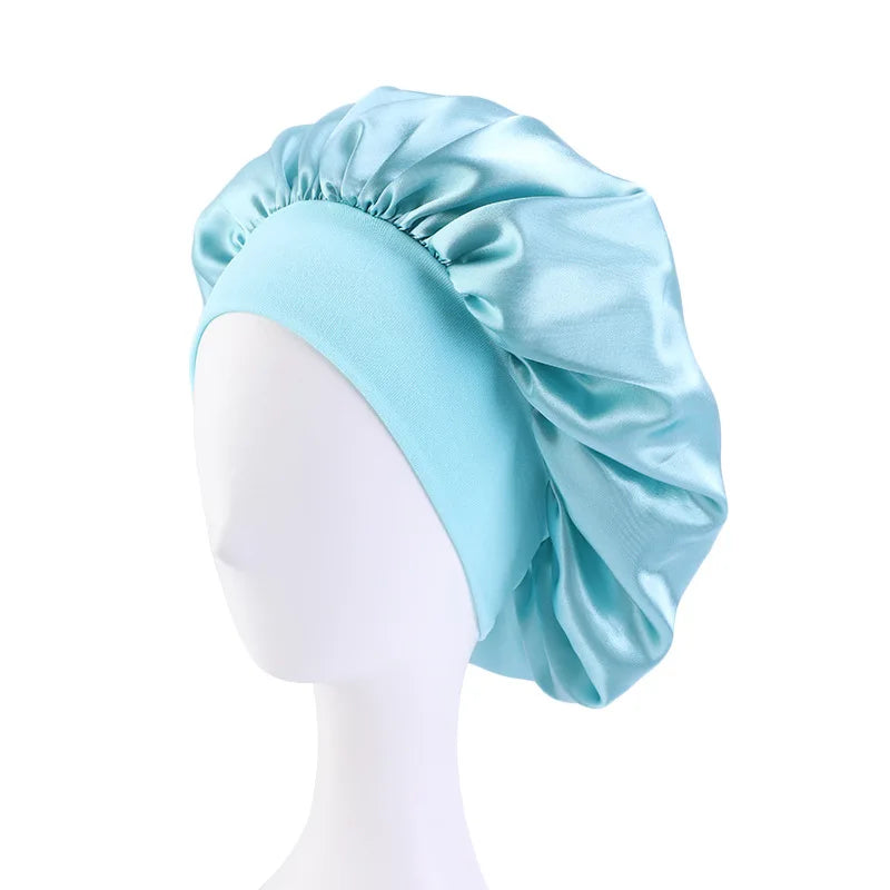 Wide Band Satin Sleep Bonnet with Listed Elastic Hair Wrap Design, Polyester Material Reference and Twenty-Eight Color Labels for Adult Nighttime Hair Styling