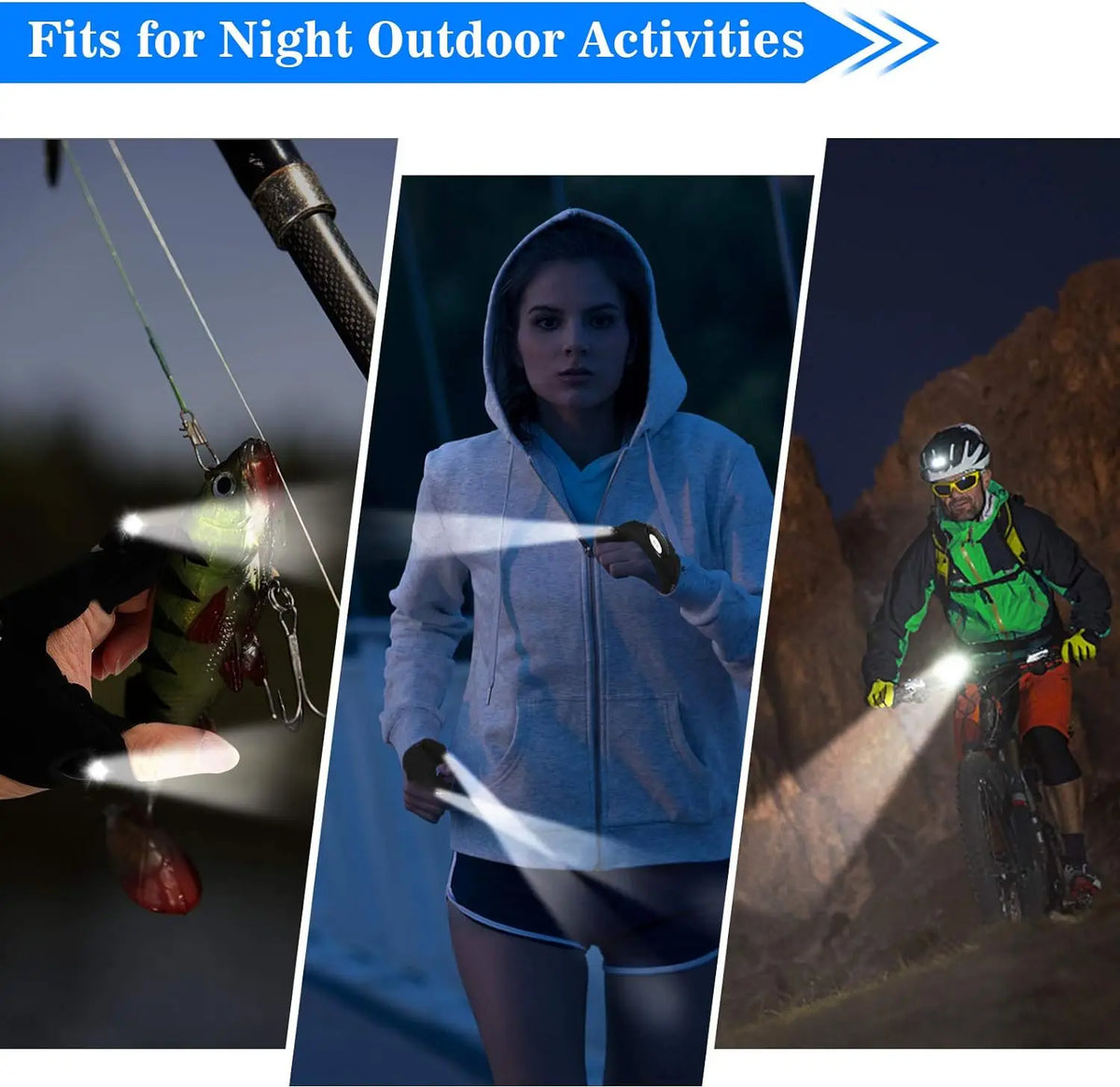 LED Flashlight Gloves with Adjustable Wrist Strap and Fingerless Design, Pair or Single Left and Right Hand Options for Adult Fishing, Camping and Repair Tasks