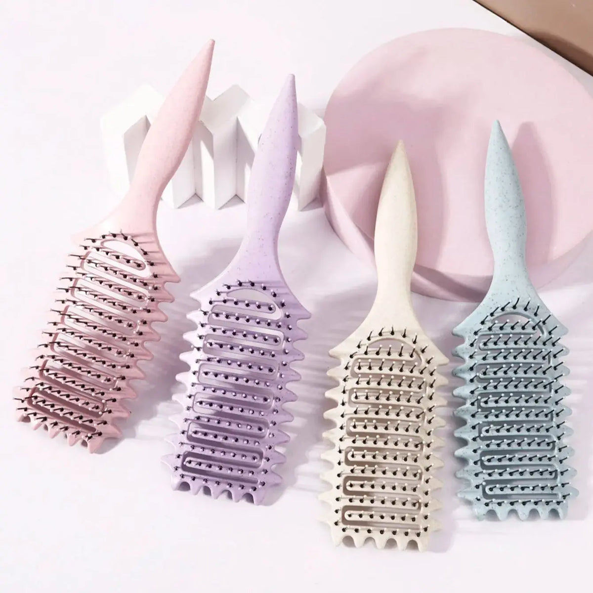Hollow Hair Styling Brush with Nylon Bristles and ABS Plastic Handle, Four Color Options for Everyday Curl Shaping and Compatible Natural Hair or Wig Grooming