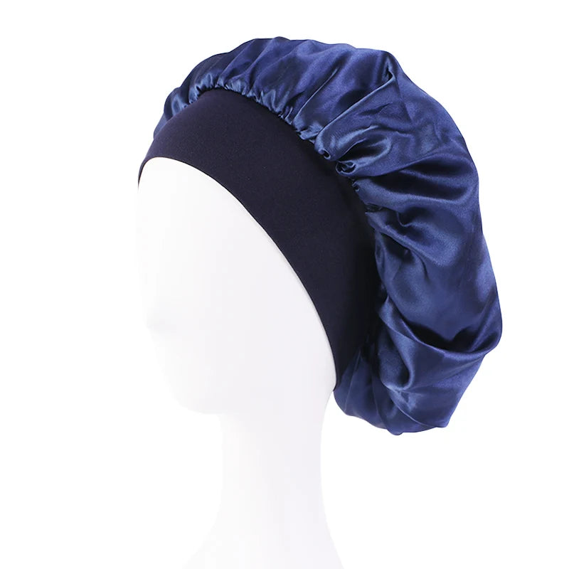 Wide Band Satin Sleep Bonnet with Listed Elastic Hair Wrap Design, Polyester Material Reference and Twenty-Eight Color Labels for Adult Nighttime Hair Styling