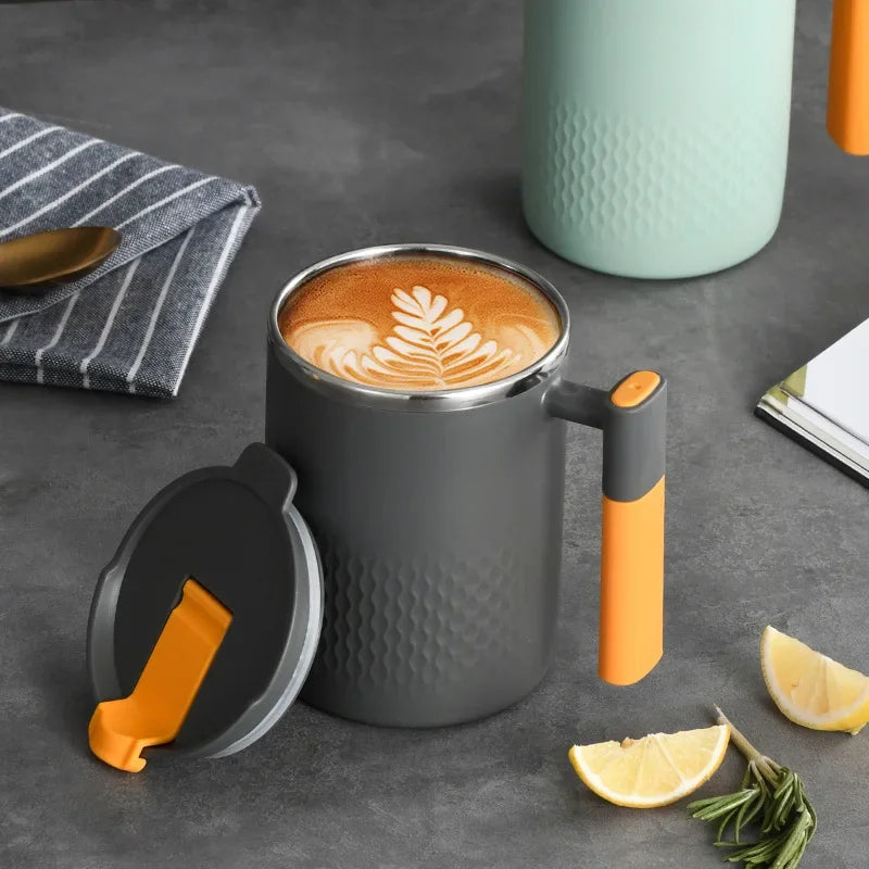 450ml Double Wall Coffee Mug with Handle and Lid, Listed 304 Stainless Steel Drinking Cup in A, B or C Options for Home Coffee, Tea and Office Breaks