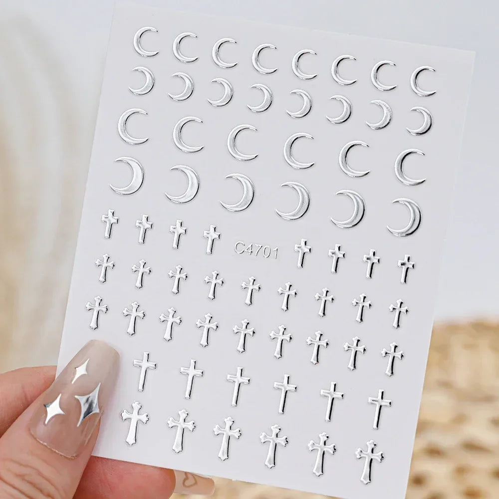 Silver Star Nail Stickers, 6 Sheets of Metallic 3D Self-Adhesive Chain and Heart Nail Art Decals for DIY Manicures, Party Looks and Salon Decoration