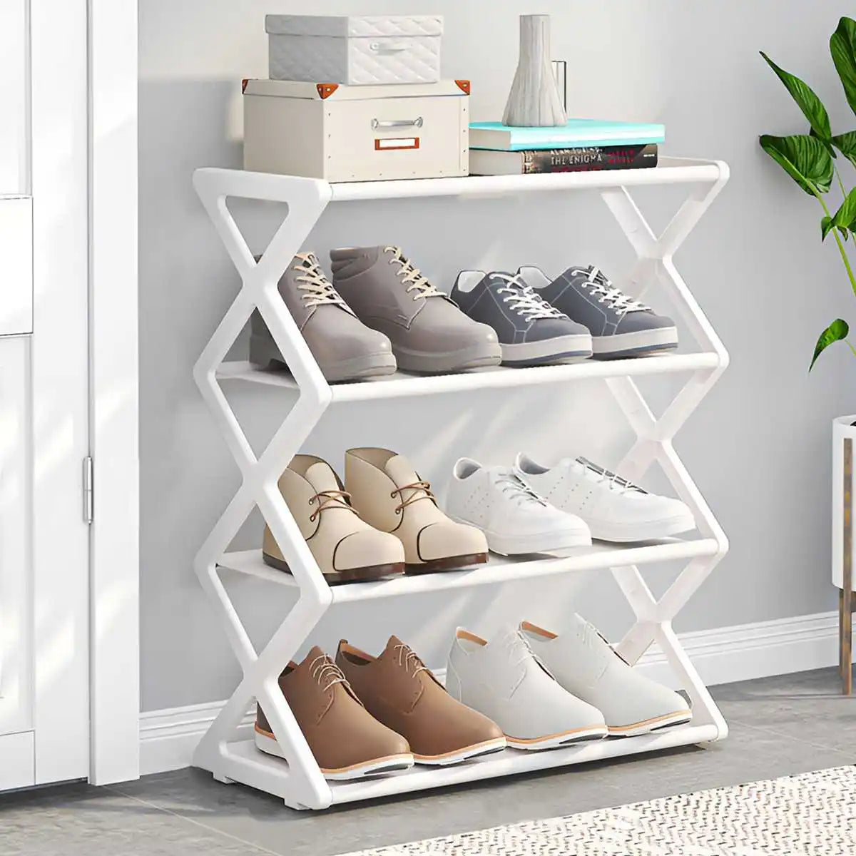 Four-Tier X-Frame Shoe Rack with Steel Tubes and Cloth Shelves, Compact Tool-Free Footwear Organizer for Entryways, Dorm Rooms and Bedroom Storage