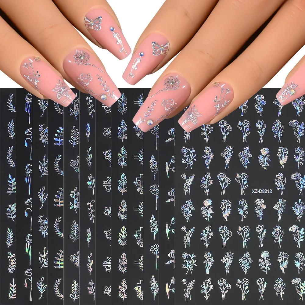Gold Leaf Nail Stickers, 12-Piece Metallic 3D Floral Self-Adhesive Nail Art Decal Set for Botanical DIY Manicures, Party Styling and Salon Decoration