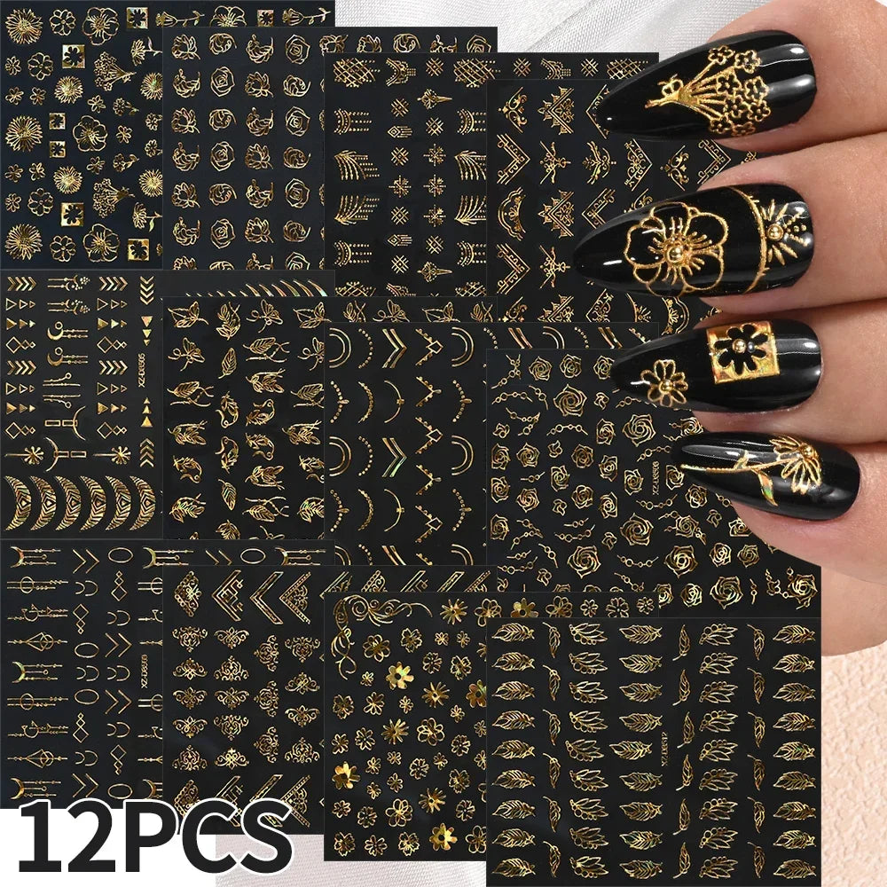Gold Leaf Nail Stickers, 12-Piece Metallic 3D Floral Self-Adhesive Nail Art Decal Set for Botanical DIY Manicures, Party Styling and Salon Decoration