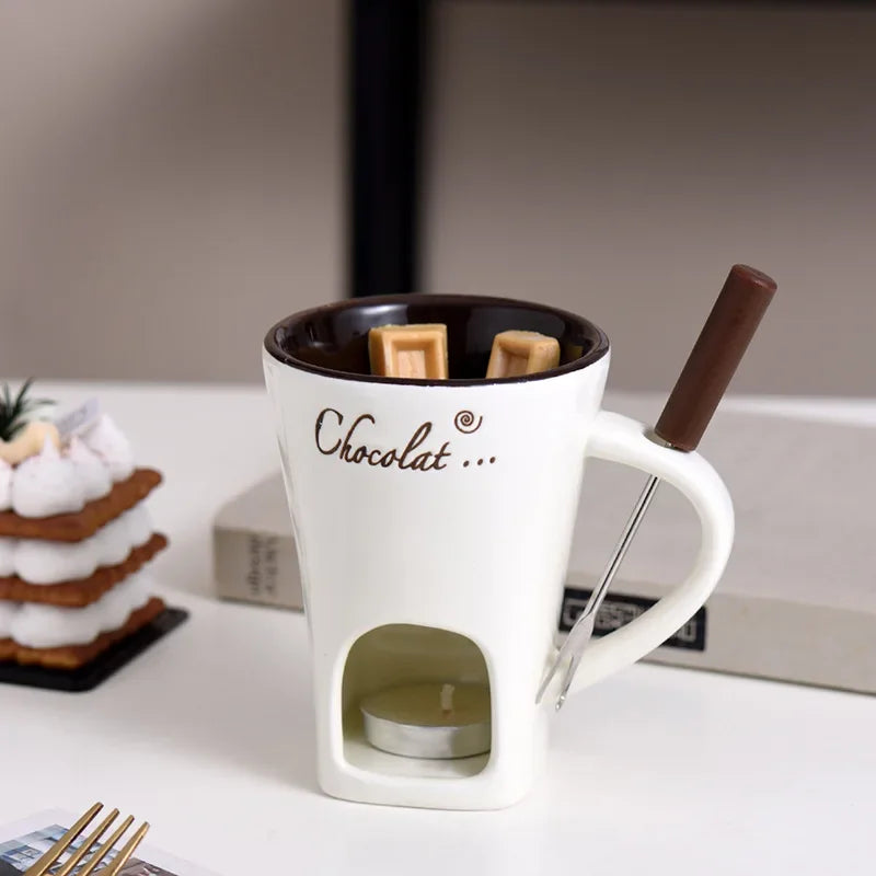 Chocolate Fondue Mug with 130ml Ceramic Cup and Stainless Steel Fork, Tea Light Dessert Warmer for Fruit, Cookies and Cozy Tabletop Dipping
