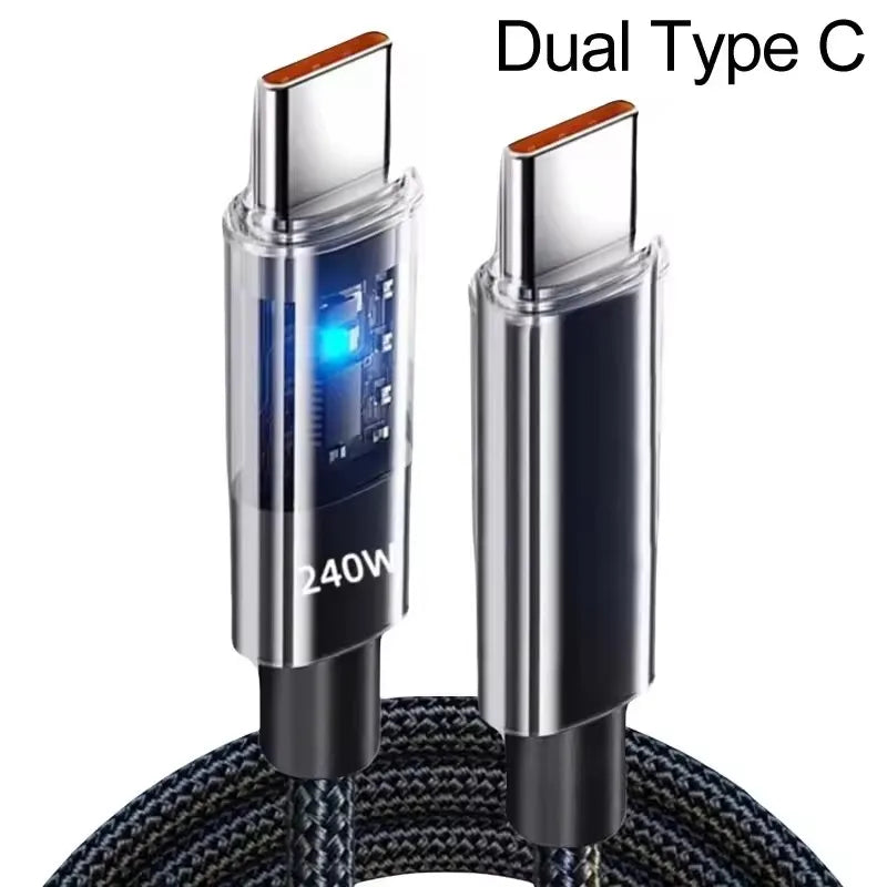 LED Display USB-C Charging Cable with Nylon Exterior, Dual Type C or USB Type C Options in 0.25m to 2m Lengths for Compatible Devices, Listed 240W Reference