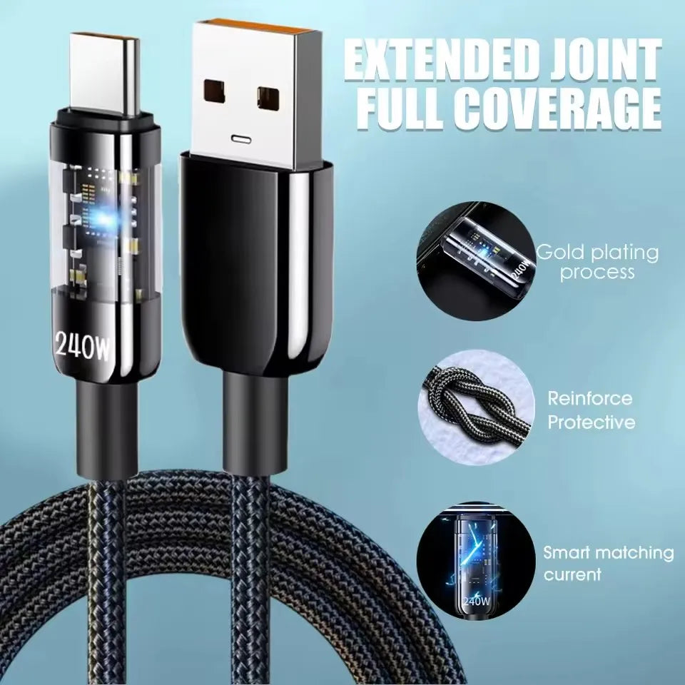 LED Display USB-C Charging Cable with Nylon Exterior, Dual Type C or USB Type C Options in 0.25m to 2m Lengths for Compatible Devices, Listed 240W Reference