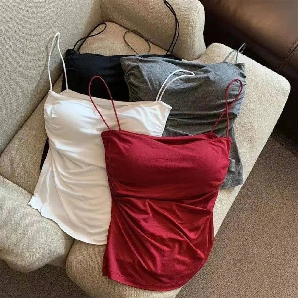 Women's Fixed Pad Crop Top with Thin Straps, Sleeveless Polyester Casual Tank in Red, Black, White or Grey, One Size for Layering and Going-Out Outfits