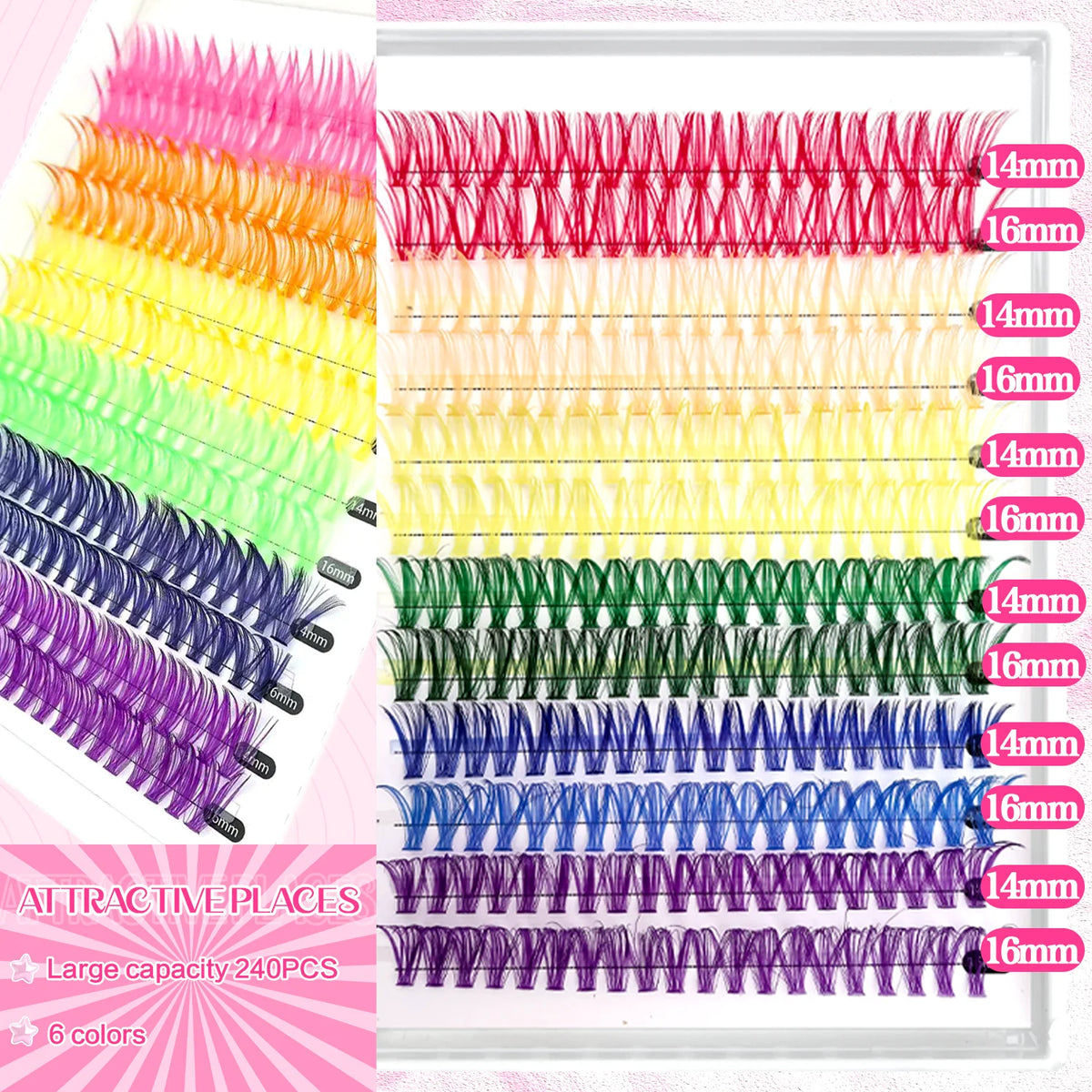 Color Mixed Lash Clusters, 12 and 30 Row Options with 345D and Wide Stem Styles for DIY False Eyelash Looks, Creative Eye Makeup and Occasions