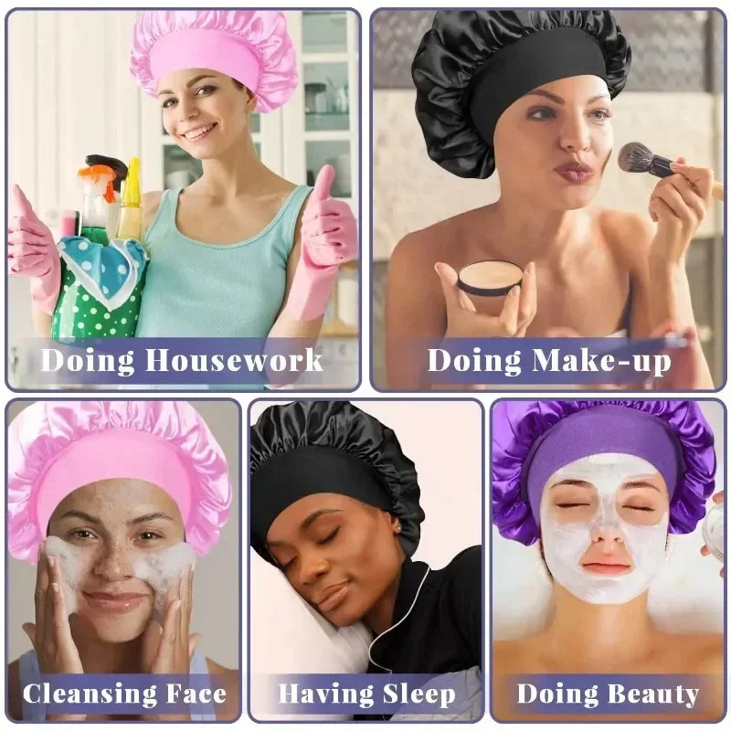 Satin Hair Bonnet with Wide Elastic Band, Single Sleep Cap in Thirteen Colors for Long or Short Hair, Nighttime Routines, Makeup and Face Washing