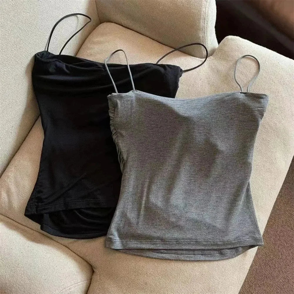 Women's Fixed Pad Crop Top with Thin Straps, Sleeveless Polyester Casual Tank in Red, Black, White or Grey, One Size for Layering and Going-Out Outfits