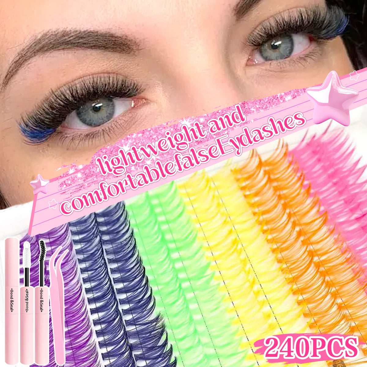Color Mixed Lash Clusters, 12 and 30 Row Options with 345D and Wide Stem Styles for DIY False Eyelash Looks, Creative Eye Makeup and Occasions