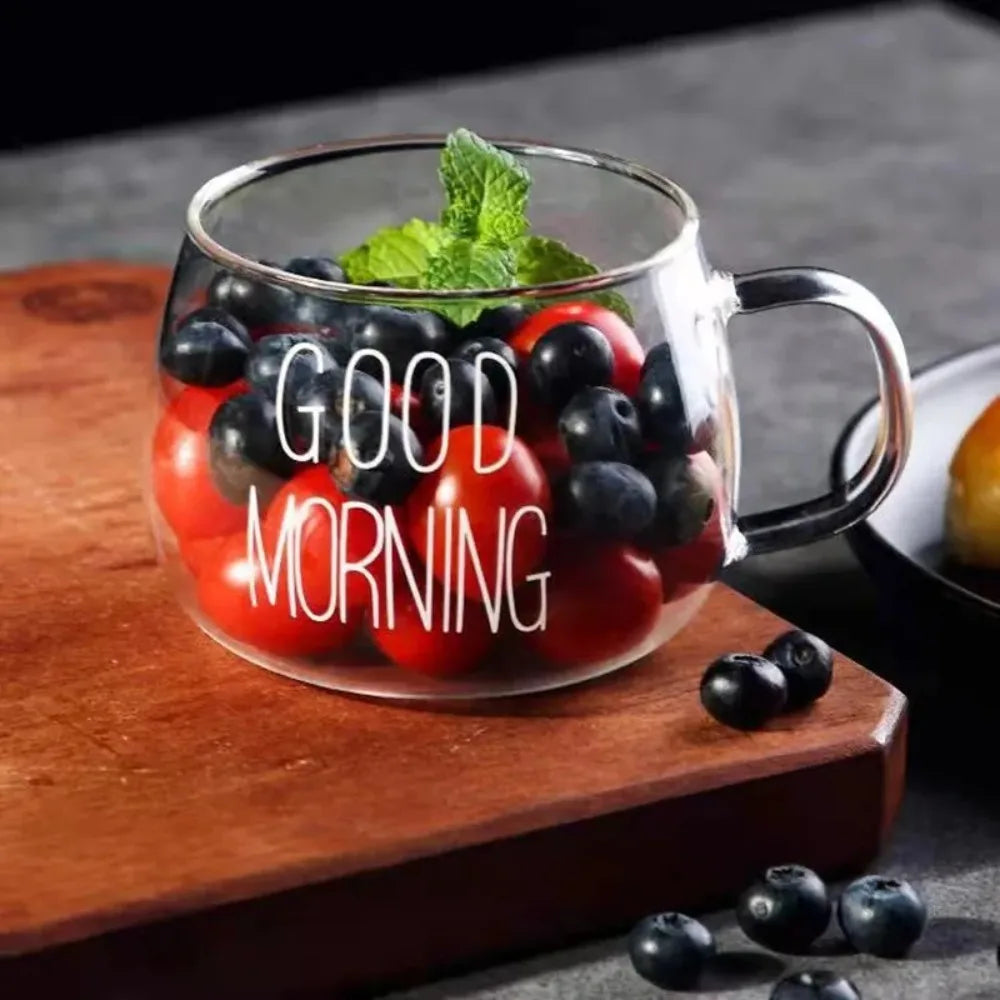 Letter Printed Glass Mug with Handle, Single 350ml Coffee and Tea Cup in Black Label or White Label Options for Breakfast Milk and Home Drinkware
