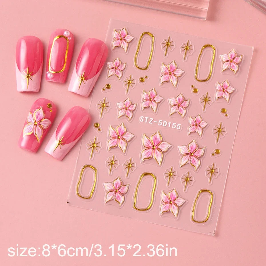 Hibiscus Flower Nail Stickers with Embossed Pink Floral and Golden Ring Details, 2-Piece 5D155 Self-Adhesive Decal Set for DIY Manicures and Party Nail Art