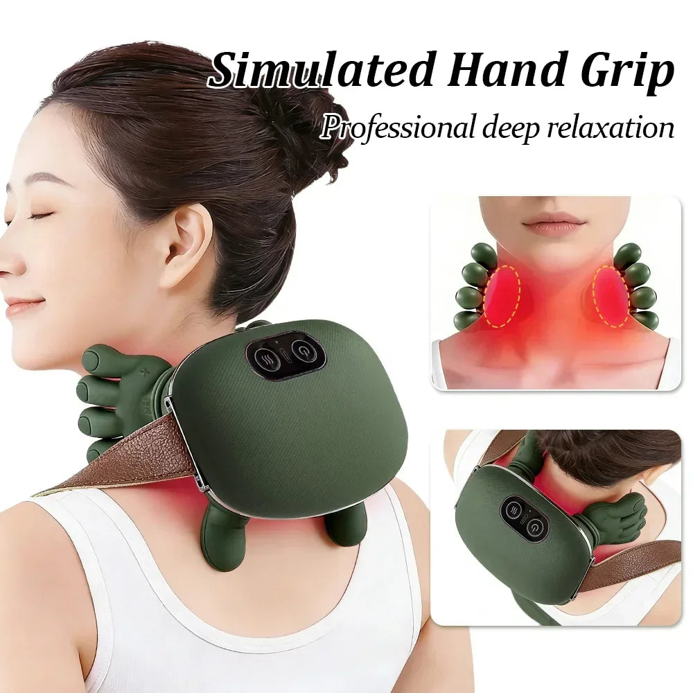 Green Rechargeable Neck and Shoulder Massager with Hands-Free Shawl Design, 3 Kneading Modes, USB Type-C Charging and 10-Minute Timer
