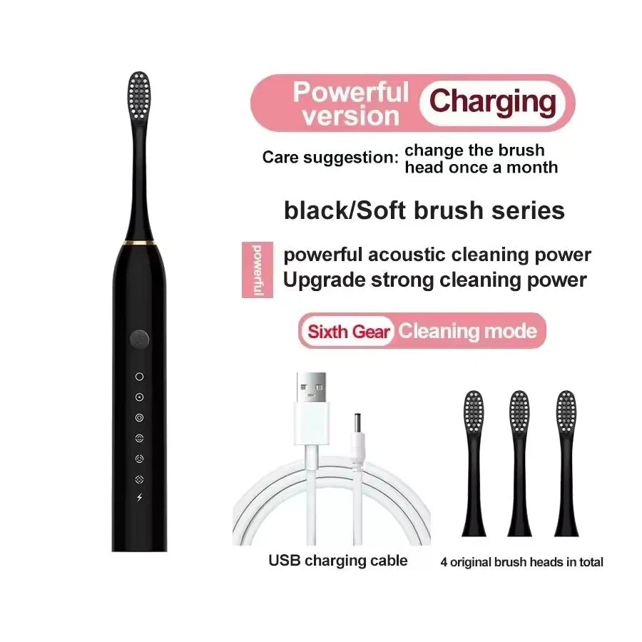 USB Rechargeable Electric Toothbrush for Adults, X3 Six-Mode Soft Bristle Brush with Two-Minute Cycle, 30-Second Reminders and Four-Head Option Labels
