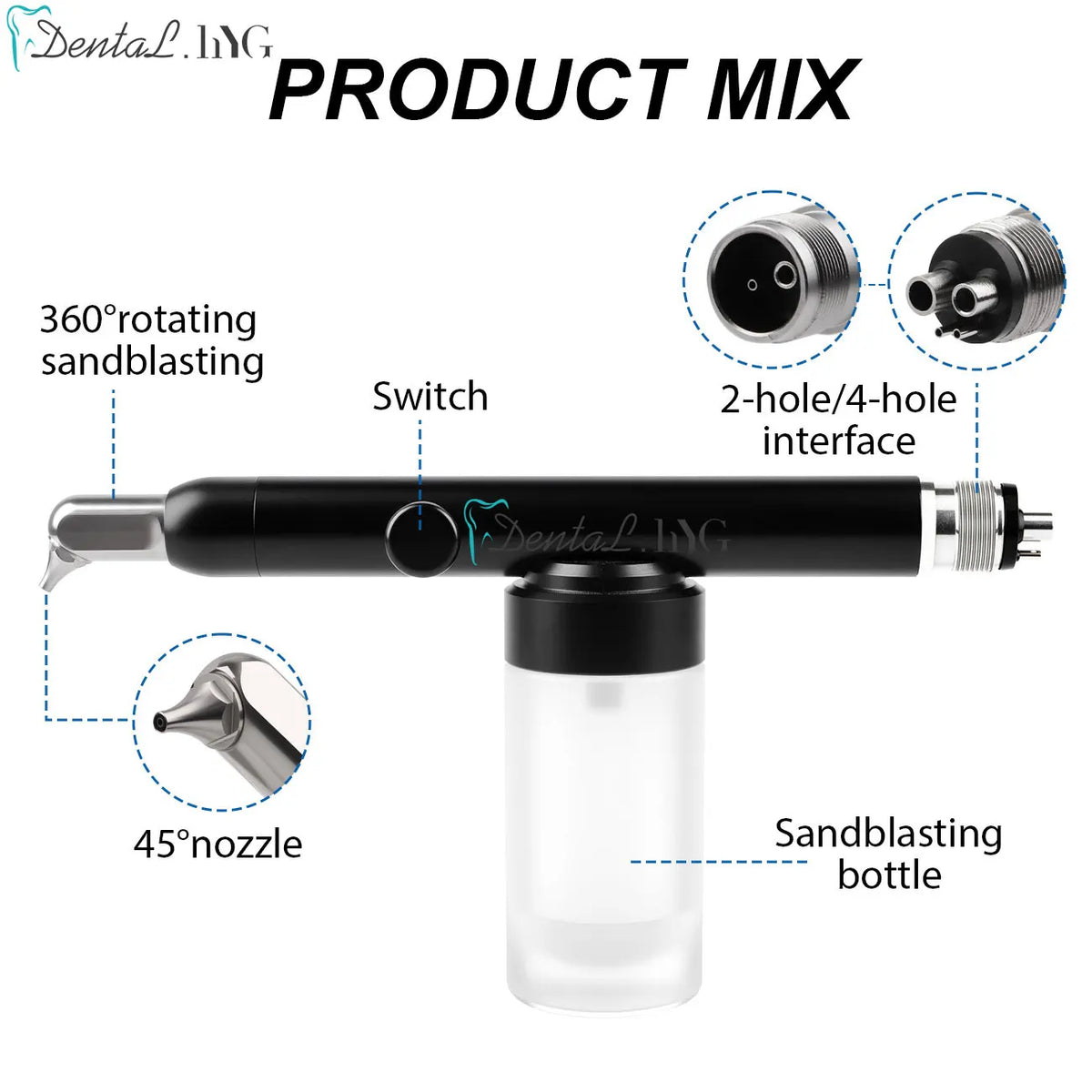 Dental Micro Blaster Air Polisher with Aluminum Oxide Sandblasting Reference, 2-Hole or 4-Hole Connections in With-Water and No-Water Equipment Options