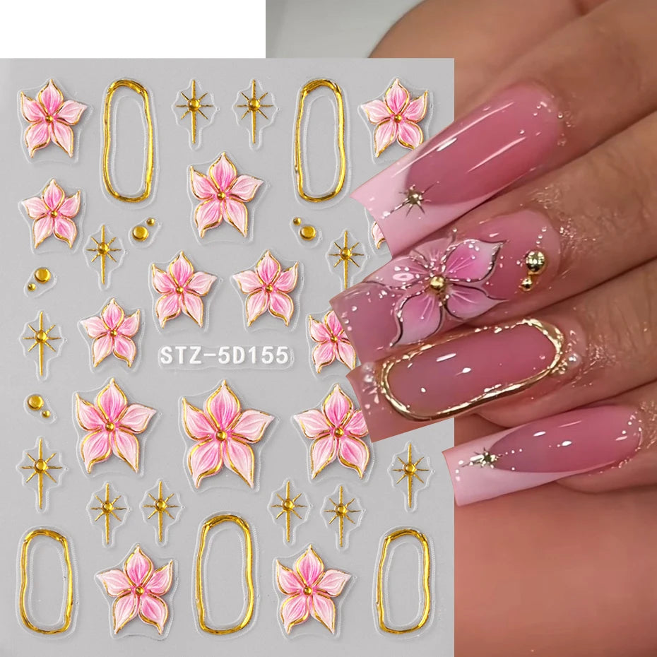 Hibiscus Flower Nail Stickers with Embossed Pink Floral and Golden Ring Details, 2-Piece 5D155 Self-Adhesive Decal Set for DIY Manicures and Party Nail Art
