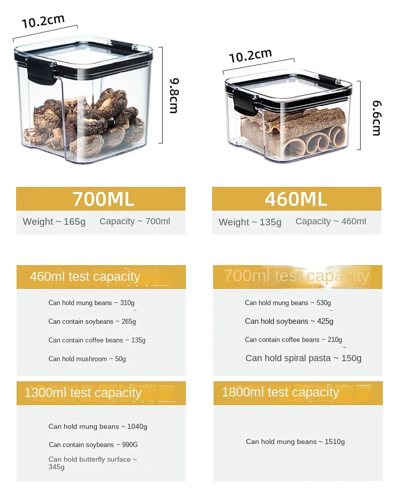 Clear Pantry Storage Jars with White or Black Covers, Five Capacity Options from 460ml to 1800ml and Single-Size Packs or Mixed Five-Size Kitchen Sets