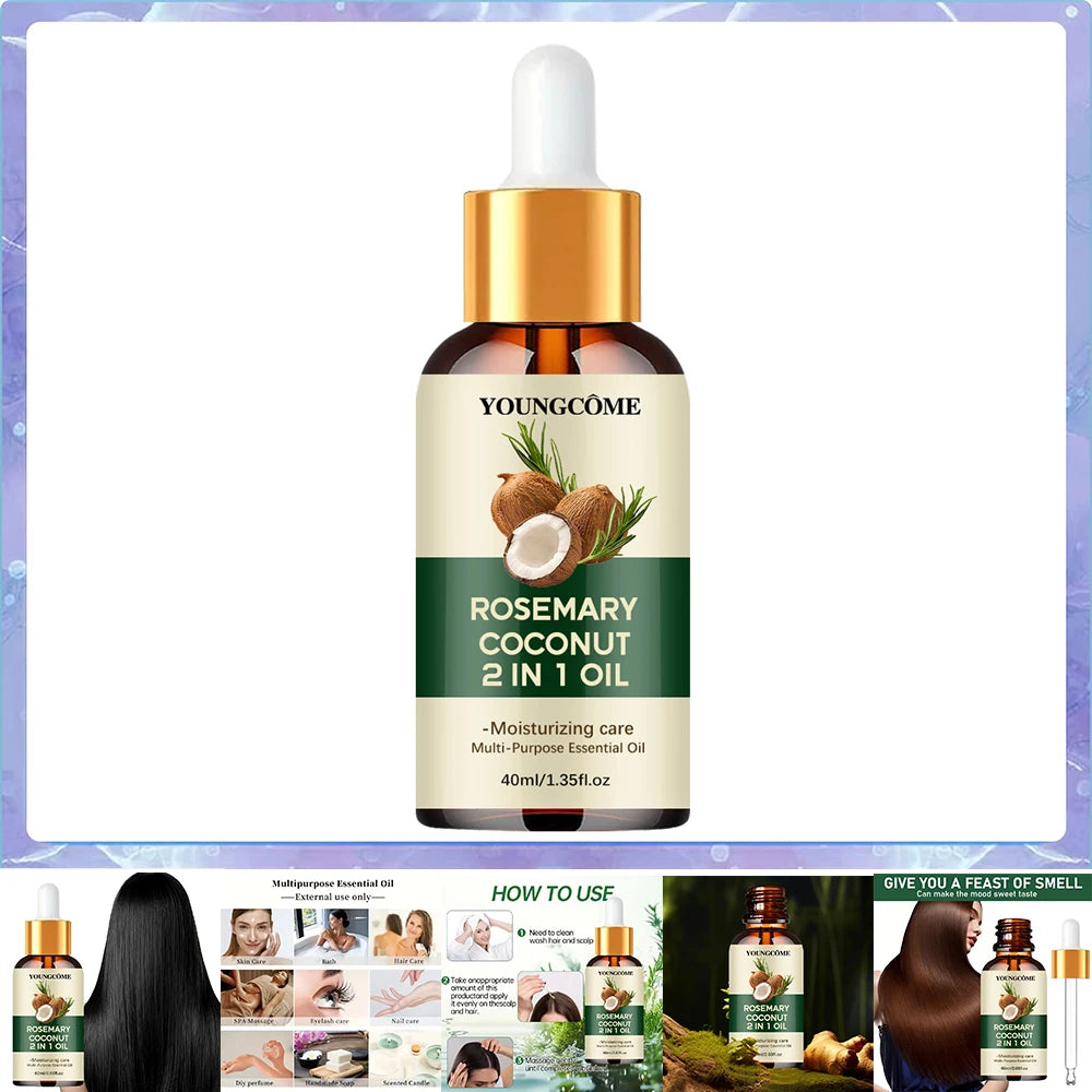 Rosemary Hair Oil with Coconut Oil Reference, 40ml Single, 60ml Single or Three-Piece 60ml Options for Label-Guided Cosmetic Hair and Scalp Care Routines