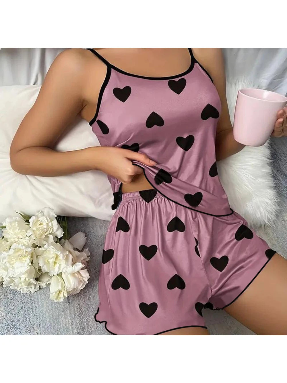 Women's Heart Print Pajama Set with Round Neck Top and Shorts, Polyester Summer Sleepwear for Relaxing at Home in Purple or Blue, Sizes M to XL